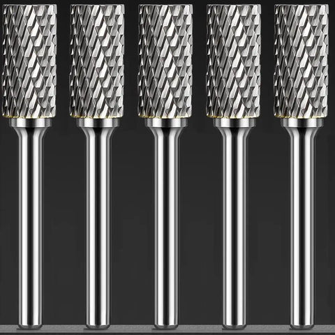 Five-piece Durable Boss Grade Carbide Burr Set SB-5 for die grinder bits with 1/2 inch head diameter, 1/4 inch shank, cylinder shape.