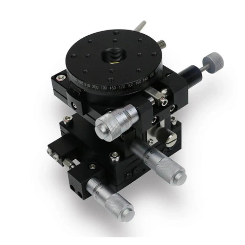 Motorized Rotary Positioning Stage With Fine Adjustment Frame for Optical Tables Model XZRG60 L side view with adjustment knobs