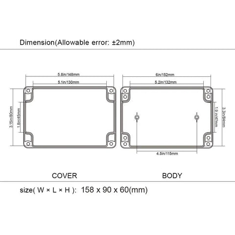Beefy Built To Last Heavy Duty IP65 Waterproof ABS Plastic Junction Box Weatherproof Electrical Enclosure Project Box Black dimensions