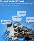 Motorcyclist using Wireless Media Button Remote Control Kit with voice assistant on handlebars, Bluetooth 5.3 feature visible.