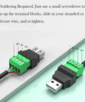 Close-up of 4 Pack USB 2.0 Type A Male Female To 4 Pin Screw Terminal Block Connector Adapters showing wiring and terminal block.