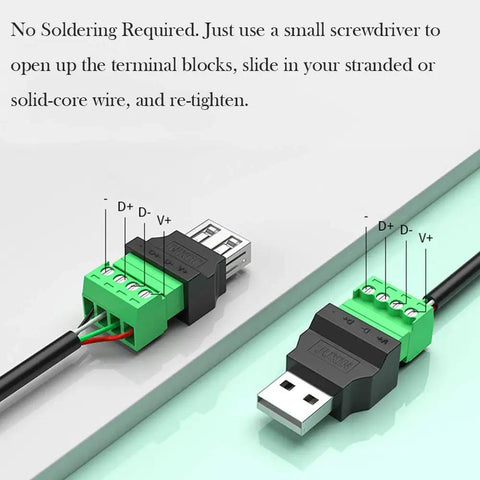 Close-up of 4 Pack USB 2.0 Type A Male Female To 4 Pin Screw Terminal Block Connector Adapters showing wiring and terminal block.