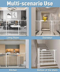 Extra Wide Pressure Mount Baby Gate With Auto Close And Walk Through White Metal Safety Gate For Stairs Doorways Kitchen And Living Room Holds Open Feature Pet Friendly Easy Install Fits 62 To 66.93 Inches 158 To 170 Cm shown in multiple scenarios like living room, doorway, kitchen, and stairs.
