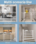 Extra Wide Pressure Mount Baby Gate Auto Close With Walk Through, showing use in living room, doorway, kitchen, stairs