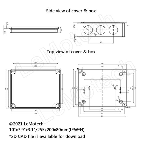 Technical drawing of Heavy Duty ABS Junction Box IP65 Waterproof and Dustproof Electrical Enclosure, dimensions 10 x 7.9 x 3.1 inch