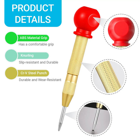 Two Pack Automatic Center Punch 5 Inch Brass Spring Loaded Hammerless Tool With Comfy Palm Wrap For Metal Wood Plastic And Emergency Glass Breaker in detail