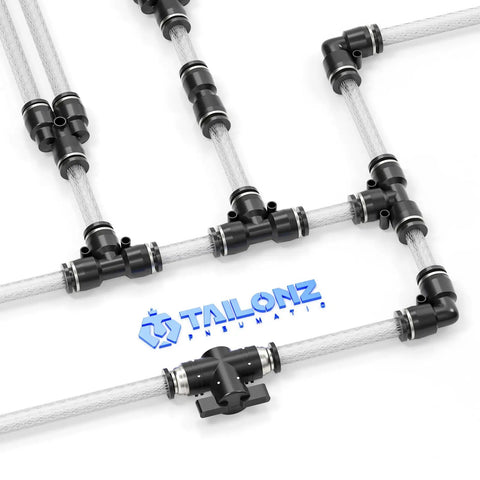 Reinforced Polyurethane Air Tube 12mm OD 10 Meters shown in a grid setup with connectors, ultra flexible and oil resistant for fluid transfer.