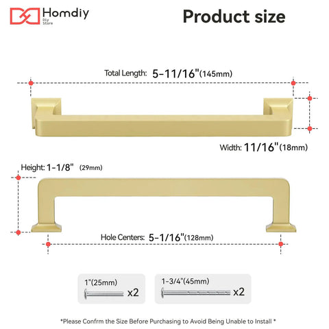 Dimensions of 30 Pack 5 1/16 Inch Gold Cabinet Handles, Solid Zinc Alloy Heavy Duty Cabinet Pulls, Brass Kitchen Hardware