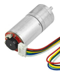 Close-up of Pair Of 12V DC Gear Motors With Encoder, 100 RPM, 1:45 Gear Ratio, D Shaft, Metal Housing, Silver Finish with colorful wires.