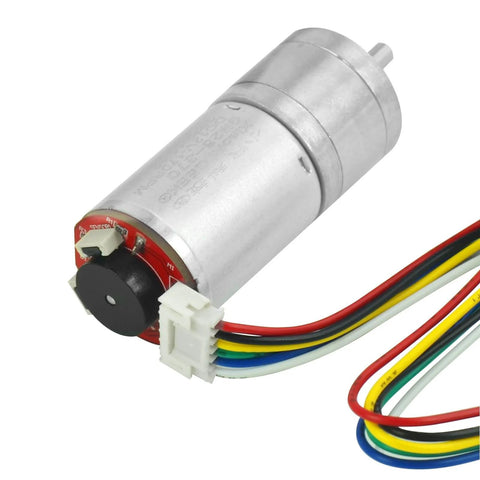 Close-up of Pair Of 12V DC Gear Motors With Encoder, 100 RPM, 1:45 Gear Ratio, D Shaft, Metal Housing, Silver Finish with colorful wires.