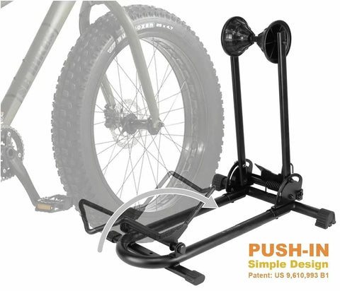 No Fuss Bike Floor Parking Rack Stand For Mountain Road And Fat Bikes Up To Five Inch Tires Indoor Outdoor Garage Storage Quick Push In Design For Easy Parking in use