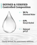 Glass droplet illustration with 99.1% deionized water, 0.9% benzyl alcohol, balanced pH 5.7.
