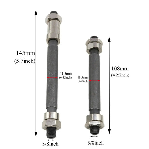 Two Pack Bike Axle Set Featuring 108mm Hollow Front Shaft And 145mm Rear Hub Rod For Mountain Bikes, dimensions shown.