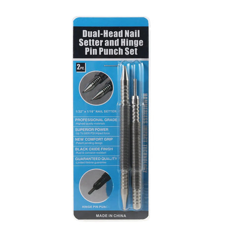 2 Pack Nail Setter Kit For Tight Spaces On Hard Metal Surfaces Door Hinge Pin Tool With Spring For Home And Pro Use CNC Machined Carbon Steel Oxide Finish Heavy Duty Marking For Precise Drilling, 2-piece blister pack