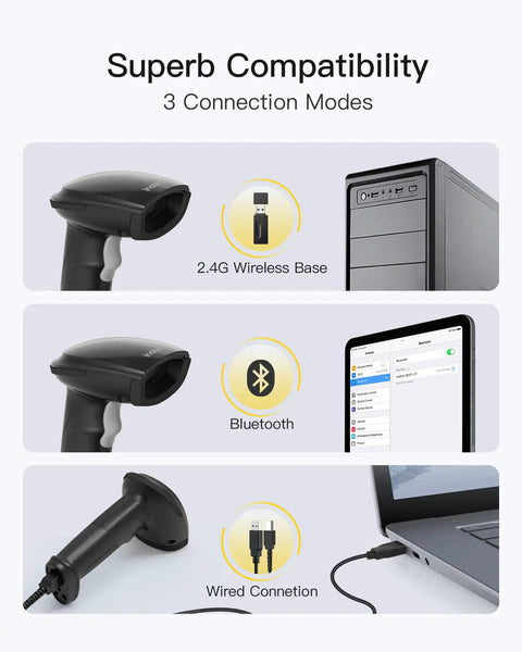 2D Barcode Scanner With Smart Stand showing 2.4G, Bluetooth, and wired connections with devices, BCST 35 Dark Gray
