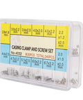 Clear box containing 12 size casing clamp and screw set for watch repair kit with 240 pieces of assorted watch movements fixing adapters.