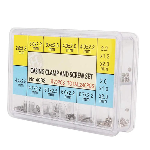 Clear box containing 12 size casing clamp and screw set for watch repair kit with 240 pieces of assorted watch movements fixing adapters.