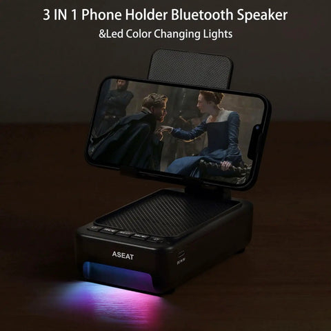 Phone Stand With Bluetooth Speaker And LED Color Changing Light Dope Wireless Speaker Dock For Men Gifts For Him Dad Husband Birthday Cool Tech Gadget displaying phone with video