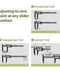 Diagram showing digital caliper 0 to 8 inches measuring tool with auto off interchangeable inches and millimeters 0.01 inch resolution adjustments.