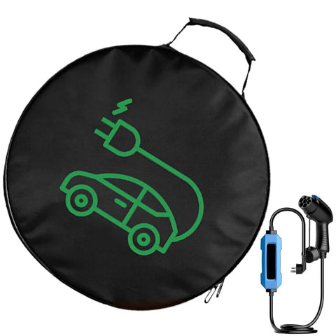 Heavy Duty EV Charger Tote Bag Made Tough With Ripstop Oxford Fabric car organizer with black circular design and charging plug.