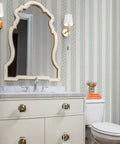 Bang For The Buck Vertical Stripes Vinyl Wallcovering Featuring Subtle Leather Texture, Commercial Grade, bathroom with vanity and mirror.