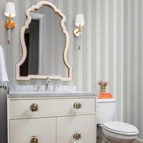 Bang For The Buck Vertical Stripes Vinyl Wallcovering Featuring Subtle Leather Texture, Commercial Grade, bathroom with vanity and mirror.