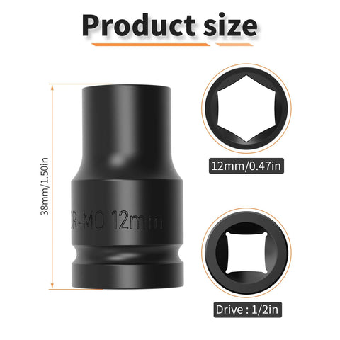 12mm Impact Socket 1/2 Inch Drive Shallow Lug Nut Flip Socket 6 Point Chrome Moly Steel With Electrophoretic Coating For Car Repair