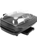 Heavy Duty Electric Panini Press And Grill With Dual Heating Non Stick Coating Smart Oil Filtering Tray, black design with transparent lid.