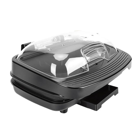 Heavy Duty Electric Panini Press And Grill With Dual Heating Non Stick Coating Smart Oil Filtering Tray, black design with transparent lid.