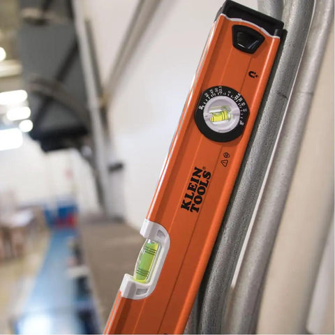 935L 24-Inch Magnetic Bubble Level with adjustable vial, high visibility orange, aligns on pipes with V-Groove, rare-earth magnets visible