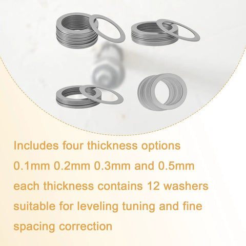 Heavy Duty 304 Stainless Steel Shim Washer Set 48 Pcs Thin Flat Spacers for Precision bolt alignment, showcasing four thickness options.