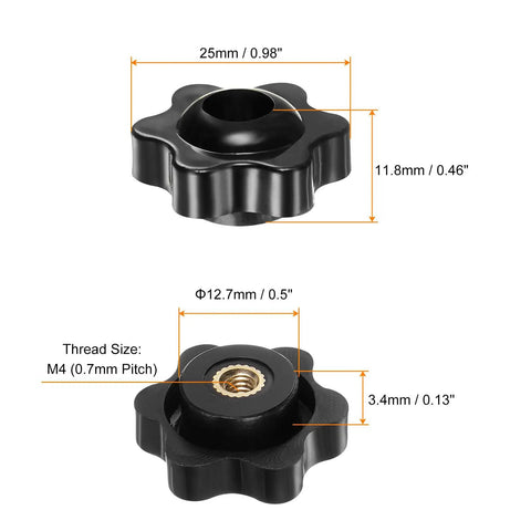 Set Of 4 Black Star Knobs With M4 Female Thread, 25mm Head, Through Hole Brass Insert, Plastic Clamping Hand Knobs, Easy Grip