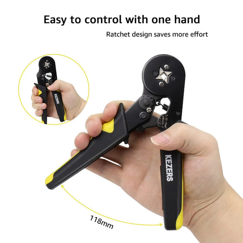 Ferrule Crimping Tool Kit With Self Adjustable Ratchet Pliers For AWG 23 To 7 1250 Insulated Wire Terminals held in hand