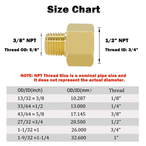 Size chart for Brass Pipe Fittings Set 6 Pack 3/8 Inch NPT Male To 1/2 Inch NPT Female Reducer Connectors For Your Plumbing Jobs