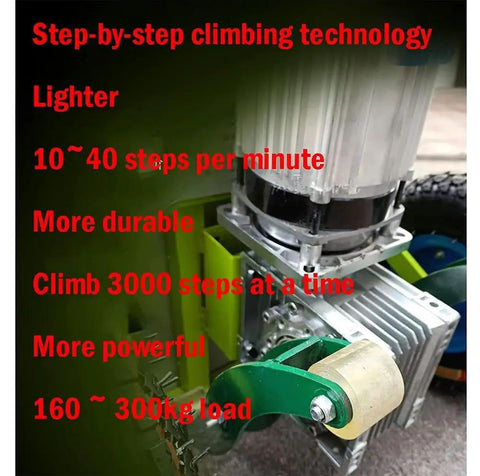 Close-up of 1200W Heavy Duty Electric Stair Climber Hand Truck With Folding Sack Design showcasing step-by-step climbing technology.