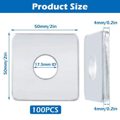 100 Piece Galvanized Square Plate Fender Washers 5/8 Inch Inner Diameter With 2 Inch Outer Dimension And Heavy 1/5 Inch Thickness shown with dimensions.