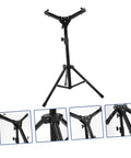 Heavy Duty Folding Snare Drum Stand With Smooth Height Adjustments For 12 Inch Practice Pads Grab And Go Black Tripod Rack showing adjustable height and collapsible tripod features.