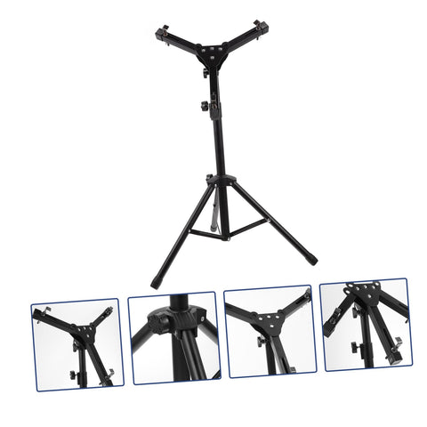 Heavy Duty Folding Snare Drum Stand With Smooth Height Adjustments For 12 Inch Practice Pads Grab And Go Black Tripod Rack showing adjustable height and collapsible tripod features.