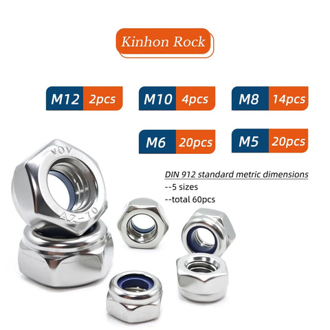 Premium 304 Stainless Steel Metric Nylon Insert Lock Nuts 60 Piece Assortment Kit M5 M6 M8 M10 M12 Sizes displayed with quantities.