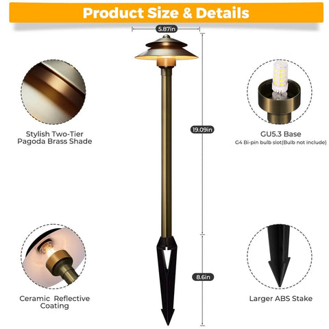 Solid Brass Low Voltage Pathway Lights 12V LED Outdoor Walkway Lamps, Heavy Duty Waterproof Antique Bronze, 19 inch with details