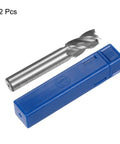 Two uxcell 14x12x26x83 mm HSS end mills with straight shank, 4 flutes, in blue storage case