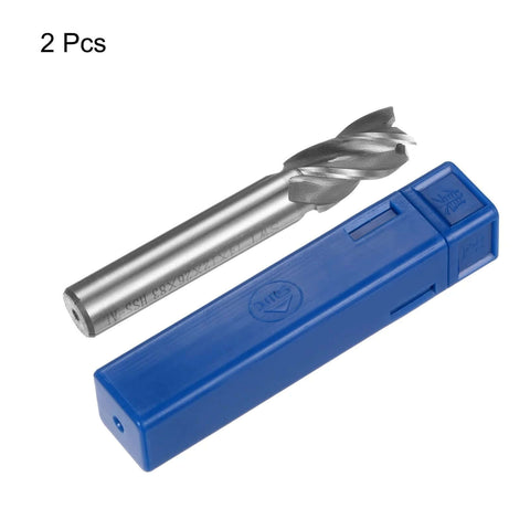 Two uxcell 14x12x26x83 mm HSS end mills with straight shank, 4 flutes, in blue storage case