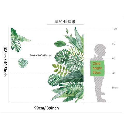 Green Tropical Leaves Wall Decal With Palm Tree Leaves Sticker Art Murals For Bedroom Living Room Office Dope Waterproof Self Adhesive DIY Peel And Stick Home Decor, 99x49cm size comparison with child height.