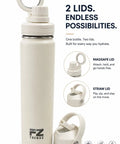 26 Oz MagSafe Water Bottle With Snap On Phone Cradle Double Wall Steel Keeps Your Hydration Icy All Day Long Zero Drip Build Pumped Up For Heavy Sweats Weekend Campouts And Nationwide Road Warrior Runs Ivory with two lids.