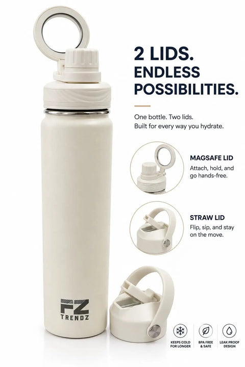 26 Oz MagSafe Water Bottle With Snap On Phone Cradle Double Wall Steel Keeps Your Hydration Icy All Day Long Zero Drip Build Pumped Up For Heavy Sweats Weekend Campouts And Nationwide Road Warrior Runs Ivory with two lids.