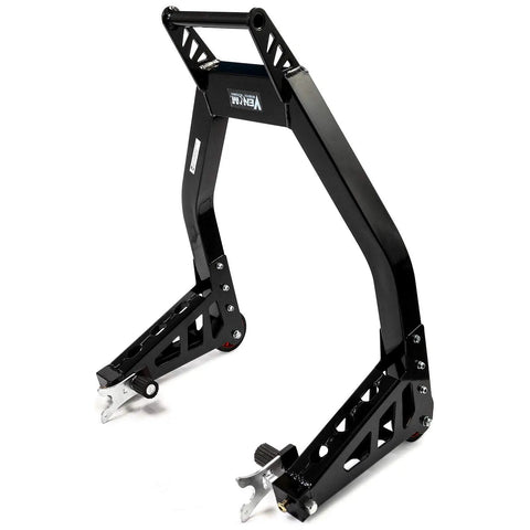 Universal Front And Rear Motorcycle Stand Lift Combo In Black With Front Fork Roller And Swingarm Y Lift And Paddle Lift For Easy Wheel Lifts Compatible With Yamaha Honda Kawasaki Suzuki BMW And More