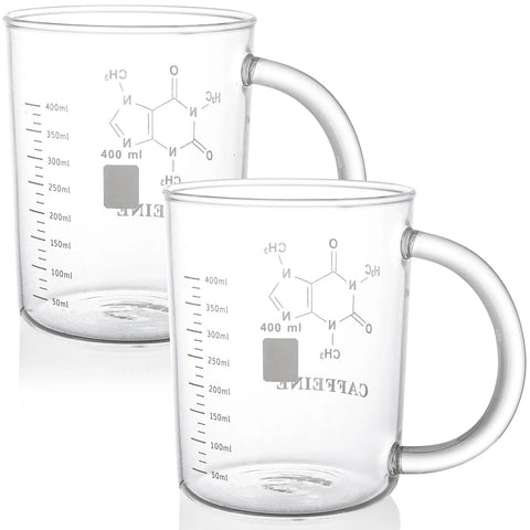 Two Pack Beaker Mugs With Handles, 16 Oz Caffeine Molecule Glass Coffee Cups, Clear Borosilicate Graduated Beaker Mugs For Tea