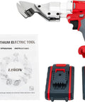 Heavy Duty 21V Cordless Sheet Metal Shear With Brushless Motor And Batteries, charger, batteries, and instructions set.