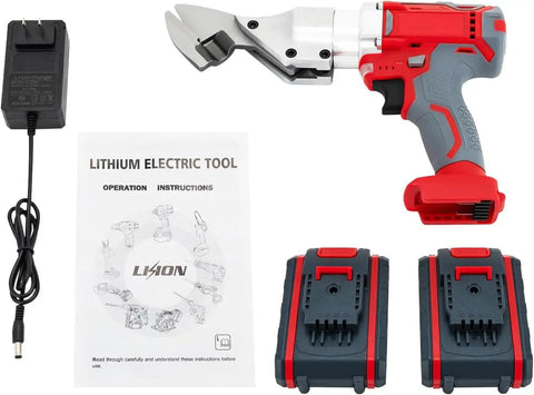 Heavy Duty 21V Cordless Sheet Metal Shear With Brushless Motor And Batteries, charger, batteries, and instructions set.