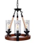 Farmhouse Wagon Wheel Ceiling Chandelier With Wood Frame And Seeded Glass Shades, Rustic Round 3 Lights Pendant Lighting
